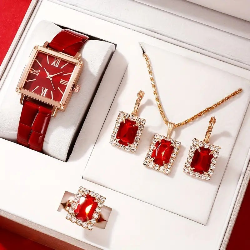 Women's Fashion All-match Diamond Belt Quartz Watch 4-piece Set